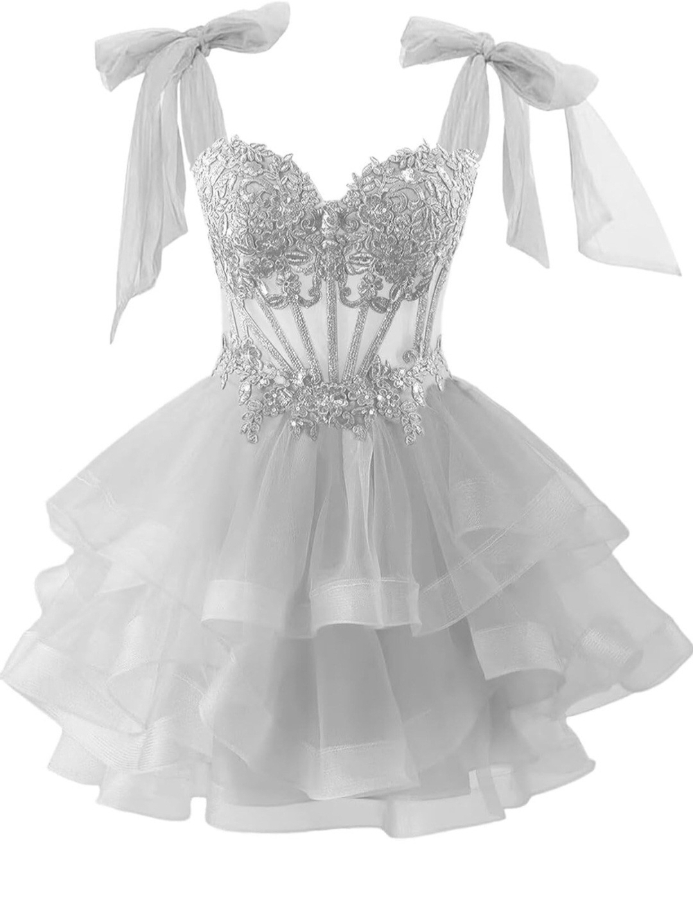 Silver Ruffled Tulle Cocktail Dress with Embroidered Bodice